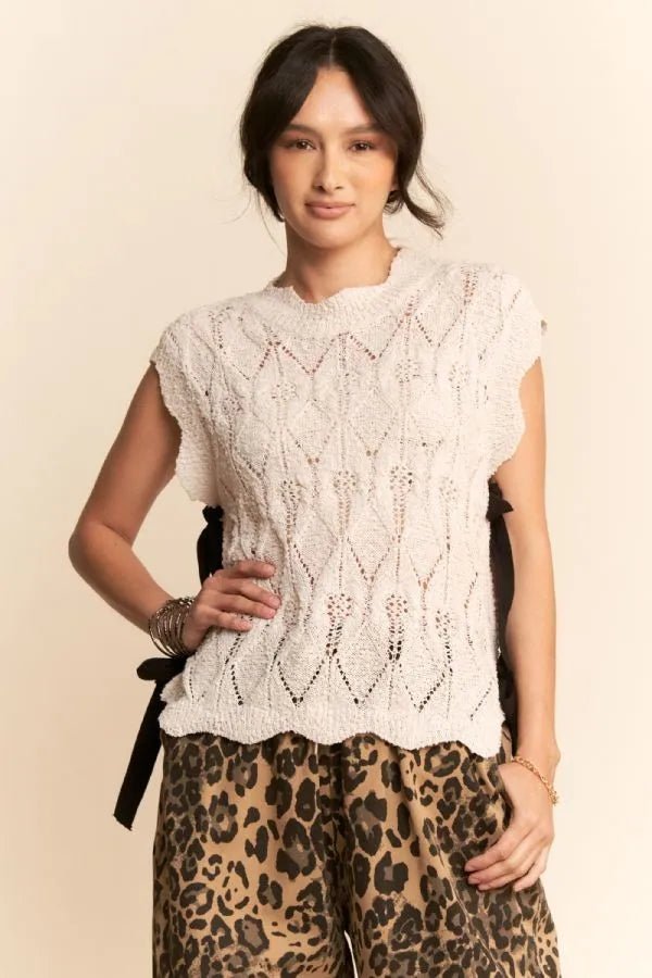 Davi & Dani Ribbon Bow Ties Scalloped Trim Knit Semi Crop Top - Bela Fils BoutiqueBela Fils Boutique